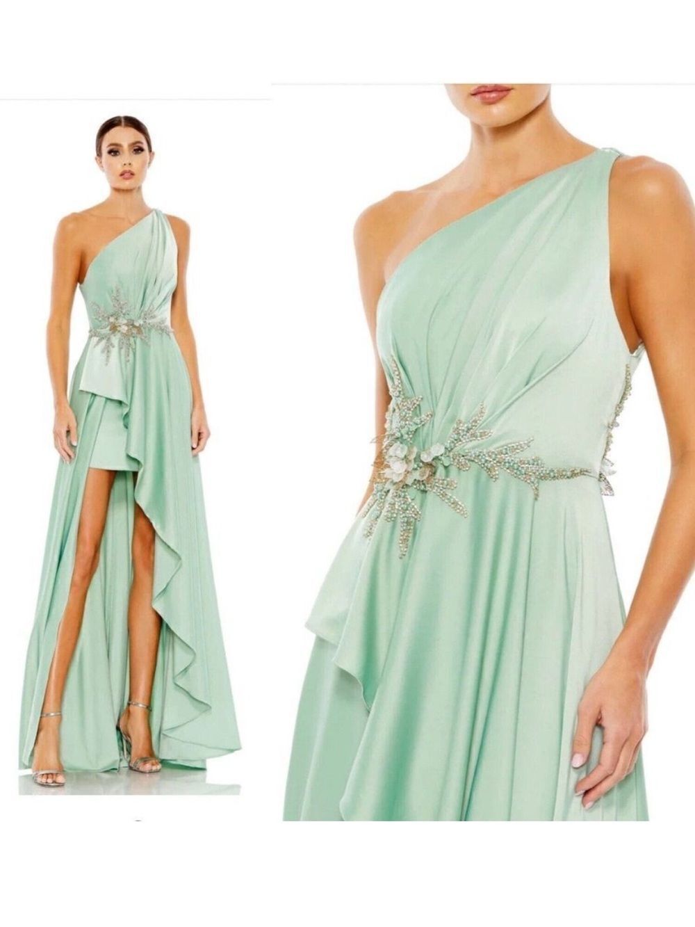Mac Duggal 11262 Embellished One Shoulder Gown Floral Beads Size 16 NWT Sage